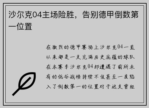 沙尔克04主场险胜，告别德甲倒数第一位置