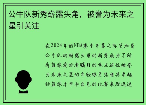 公牛队新秀崭露头角，被誉为未来之星引关注