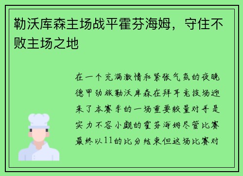 勒沃库森主场战平霍芬海姆，守住不败主场之地