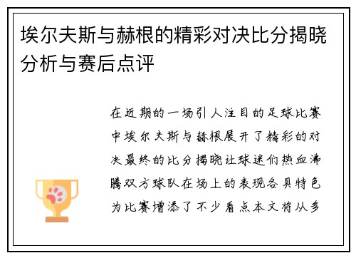 埃尔夫斯与赫根的精彩对决比分揭晓分析与赛后点评