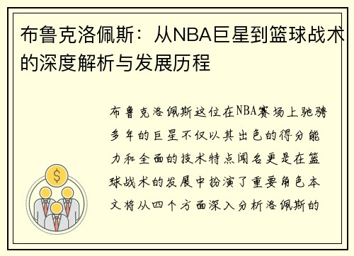 布鲁克洛佩斯：从NBA巨星到篮球战术的深度解析与发展历程