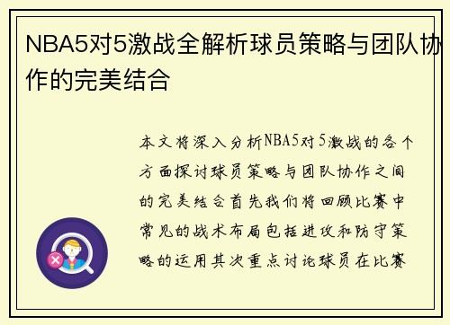 NBA5对5激战全解析球员策略与团队协作的完美结合