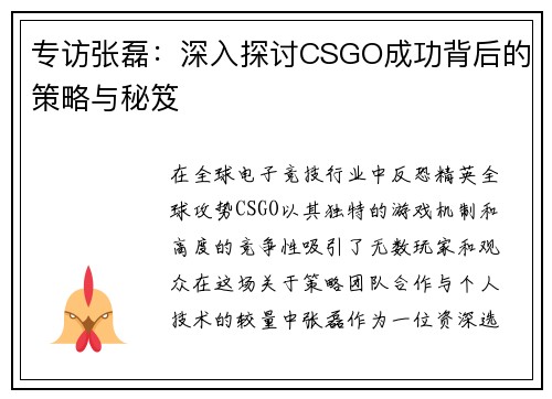 专访张磊：深入探讨CSGO成功背后的策略与秘笈