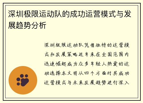 深圳极限运动队的成功运营模式与发展趋势分析