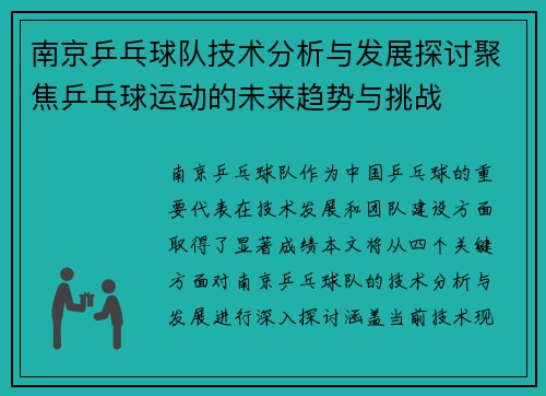 南京乒乓球队技术分析与发展探讨聚焦乒乓球运动的未来趋势与挑战