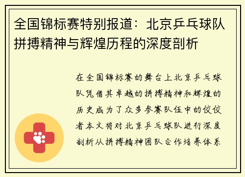 全国锦标赛特别报道：北京乒乓球队拼搏精神与辉煌历程的深度剖析