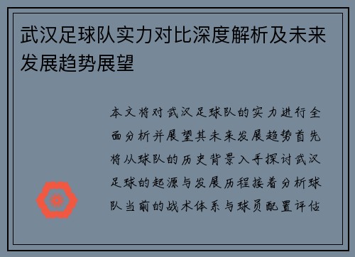 武汉足球队实力对比深度解析及未来发展趋势展望